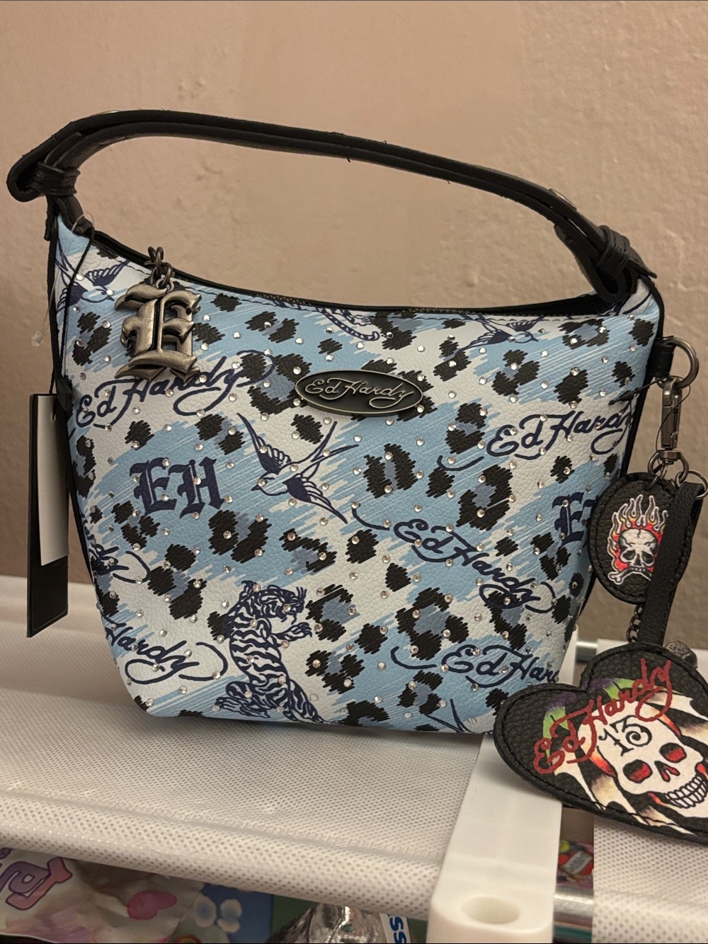 Ed Hardy Blue Leopard Print Shoulder Bag NWT